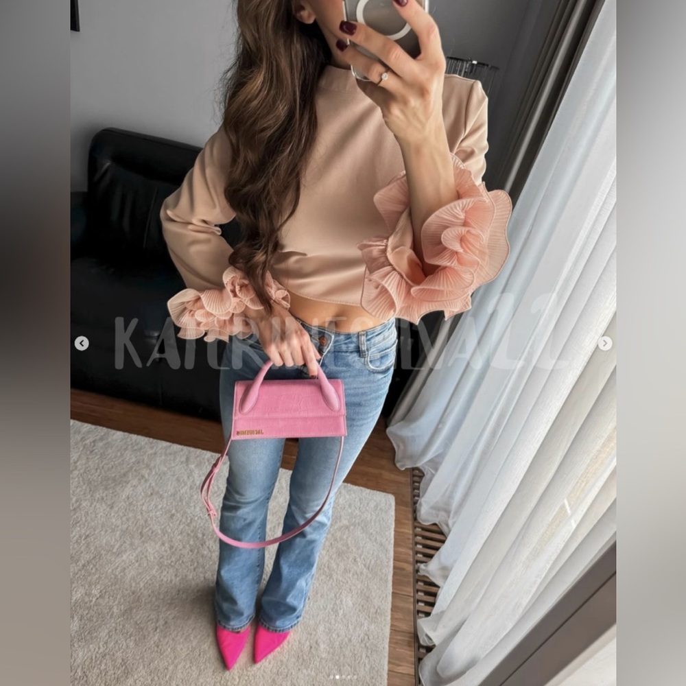 Top with pleaded ruffled sleeve